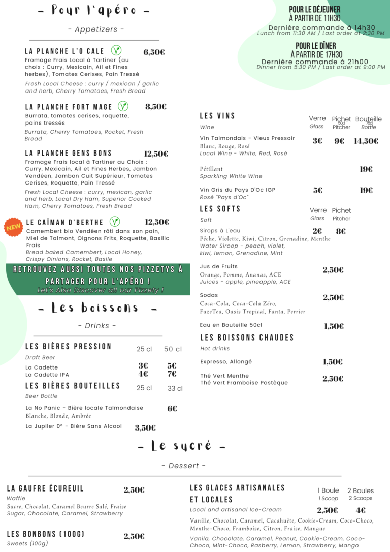 MENU LA GUINGUETTE PIZZERIA LA BELIERE LOISIRS TALMONT BOURGENAY