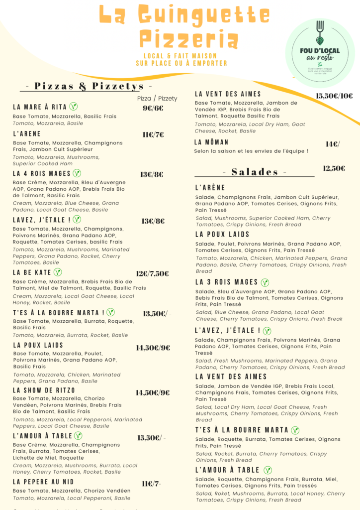 Menu La guinguette pizzeria Talmont Saint Hilaire La Bélière Loisirs